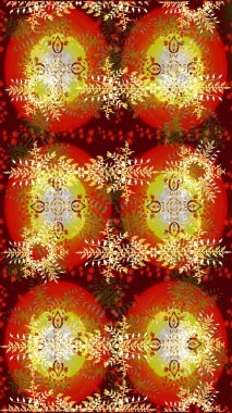 Kırmızı, kahverengi ve sarı renkli kristal kar taneleri. Raster illüstrasyonu.