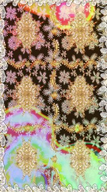 Tarafsız renklerdeki altın desenler ve altın elementler. Lüks, kraliyet ve Viktorya dönemi konsepti. Süslü dekorasyon. Raster klasik barok çiçeksiz altın desenli..