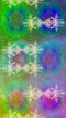 Yeşil, mavi ve nötr kar taneleri. Noel ve yeni yıl moda baskıları için tatil tasarımı. Kar tanelerinin soyut arkaplanlı Noel şablonu. Raster illüstrasyonu.