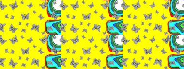 Sarı arka planda kelebekler. Robot resim. Kelebekli tasarım. Sonsuz. Çizim, karalama, karalama. Raster illüstrasyonu.