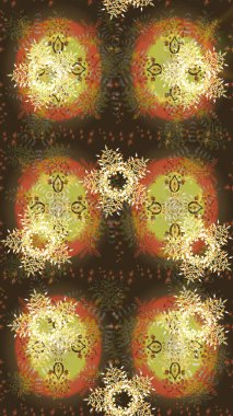 Kahverengi, gri ve yeşil kar taneleri. Kar tanelerinin soyut arkaplanı olan şirin bir Noel arkaplanı. Noel ve yeni yıl moda baskıları için tatil tasarımı. Renkler. Raster illüstrasyonu.