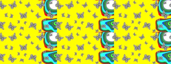 Sarı arka planda kelebekler. Robot resim. Kelebekli tasarım. Sonsuz. Çizim, karalama, karalama. Raster illüstrasyonu.