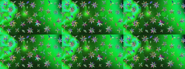 Moda baskısı, albüm, ambalaj kağıdı ve duvar kağıdı için zarif dekoratif süslemeler. Raster illüstrasyonu. Küçük çiçekli basit bir çiçek çizimi. Yeşil renkte şirin çiçekler..