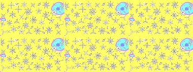 Çiçekli ipek eşarp. Retro tekstil tasarım koleksiyonu. El çizimi çiçek unsurları olan soyut çizim raster deseni. 1950-1960 motifleri. Sarı üstüne sarı.