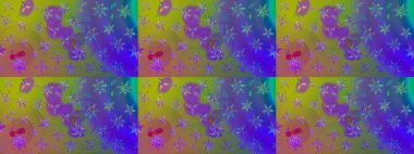 Şirin çiçekli eskiz deseni ve mor renkli yapraklar, suluboya çiçek deseni, duvar kağıdı, kart veya kumaş için fayanslı. Raster illüstrasyonu.