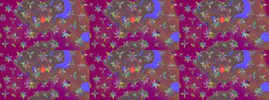 Üzerinde gelincikler ve vadi zambakları olan renkli çiçek desenli nakış deseni. Tekstil tasarımı için mor renkli Raster geleneksel çiçek buketi.