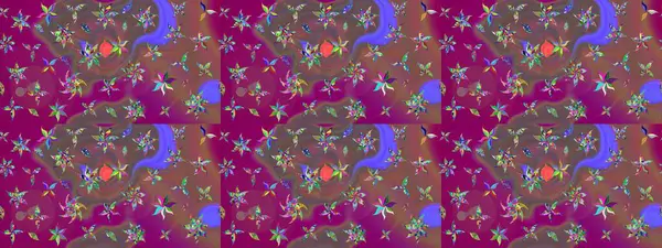 Üzerinde gelincikler ve vadi zambakları olan renkli çiçek desenli nakış deseni. Tekstil tasarımı için mor renkli Raster geleneksel çiçek buketi.