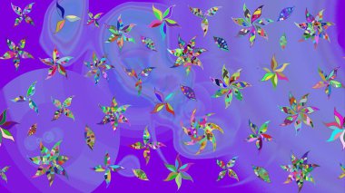 Moda baskıları için zarif bir şablon. Parlak renkli çiçekleri ve mor renkli yaprakları olan harika bir çiçek deseni. Modern çiçek arkaplanı. Halk stili.