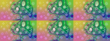 Renkli Yaz Temalı eskiz kalıbı. Düz Çiçek Elementleri Tasarımı. Yeşil renkli çiçekler. Sevimli çiçek raster deseni.