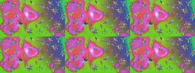 Çocuksu tasarım. Yeşil arka planda. Tekstil, kumaş, ambalaj, hatıra defteri için hoş bir çiçek arkaplanı. Elle çizilmiş karalama çiçekleri ile Raster çizim deseni.