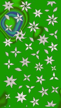 Yeşil renkli bitkilerden oluşan parlak çiçekli çizim deseni.