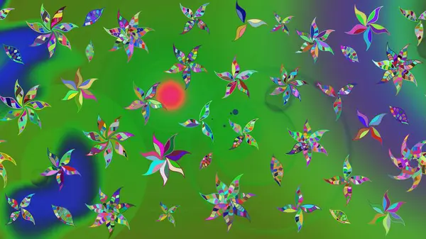 Düz Çiçek Elementleri Tasarımı. Sevimli çiçek raster deseni. Renkli Yaz Temalı eskiz kalıbı. Yeşil renkte çiçekler.