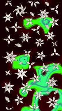 Çiçek desenli çizim. Siyah renkli çiçekler. Asya tekstil tarzında. Raster illüstrasyonu. Raster illüstrasyonu.