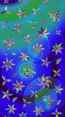 Robot resim tarzı mavi renkler. Şirin karalamalı çiçek desenli çizim. El yapımı çiçek ve bitki koleksiyonu. Raster illüstrasyonu. Raster illüstrasyonu.