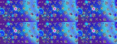 Moda baskıları için zarif bir şablon. Parlak renkli çiçekleri ve mavi yaprakları olan harika bir çiçek deseni. Modern çiçek arkaplanı. Halk stili.