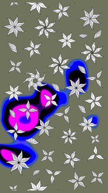 Yumuşak, yeşil renkli bahar çiçekleri. Raster illüstrasyonu. Yaprak ve çiçeklerin suluboya resmi, yeşil renkte çizim deseni.