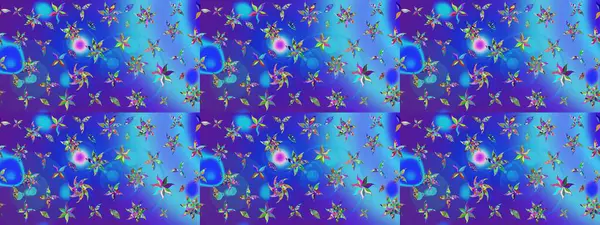 Moda baskıları için zarif bir şablon. Parlak renkli çiçekleri ve mavi yaprakları olan harika bir çiçek deseni. Modern çiçek arkaplanı. Halk stili.