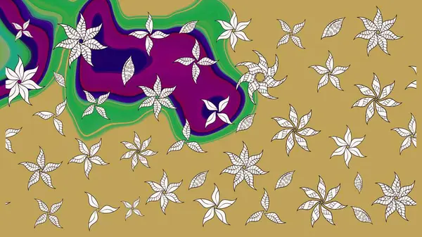 Suluboya elle çizilmiş çiçek desenli eskiz deseni. Parlak renkli fantezi çiçekleri, yapraklar, sarı renkli tomurcuklar.