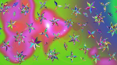 Çocuksu tasarım. Yeşil arka planda. Tekstil, kumaş, ambalaj, hatıra defteri için hoş bir çiçek arkaplanı. Elle çizilmiş karalama çiçekleri ile Raster çizim deseni.