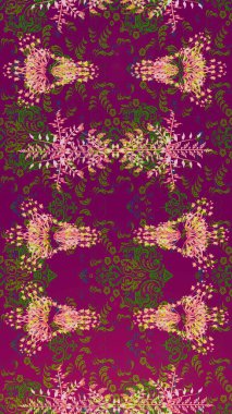 Renkli Yaz Temalı eskiz kalıbı. Mor, yeşil ve pembe renkte çiçekler. Raster illüstrasyonundaki çiçek desenli çizim. Düz Çiçek Elementleri Tasarımı.