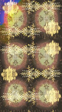 Kar taneleri radyal kahverengi, bej ve nötr renkler. Renkli arka planda güzel kar taneleri. Raster illüstrasyonu..