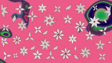 Pembe renkler ve parlak çiçekler üzerine soyut çizim deseni. Çiçeksel elementlerle süslenmiş zarif raster dokusu. Küçük çiçekte şirin bir çiçek deseni var..