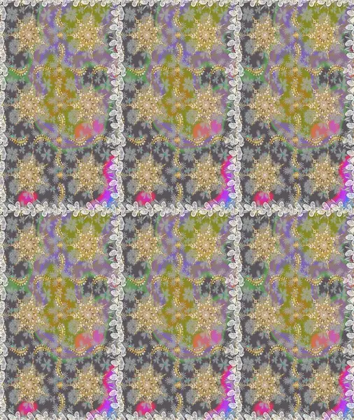 Süslü raster dekorasyonu. Gri renkli ve altın elementli altın desenli. Barok biçiminde duvar kağıdı tasarımı için şablon çizimi arkaplanı.