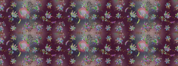 Kumaş desenli papatya çiçeği detayı. Çiçekler kahverengi, mor ve gri renklerde.