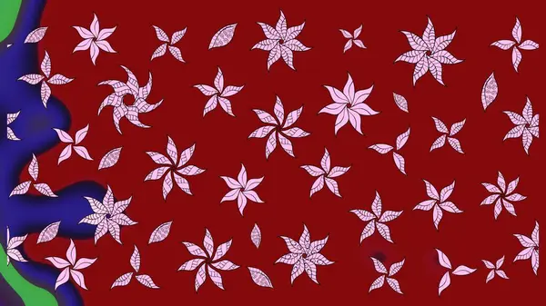 Bir sürü kırmızı ve soyut çiçekli tropik eskiz deseni. Küçük çiçekteki sevimli çiçek deseni. Renkli raster çizimi çizimi.