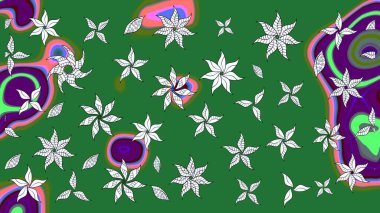 Çiçek desenli çizim. Raster illüstrasyonu. Asya tekstil tarzında. Yeşil renkli çiçekler. Raster illüstrasyonu.