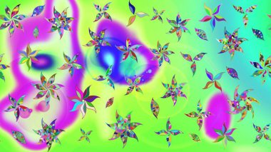 Çok yeşil zarif küçük çiçekler ve yeşil renkli komik böcekler, raster desen, illüstrasyon.