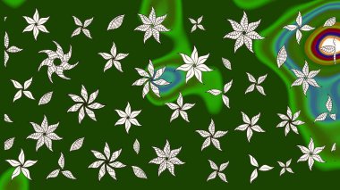 Yeşil renkli bitkilerden oluşan parlak çiçekli çizim deseni.