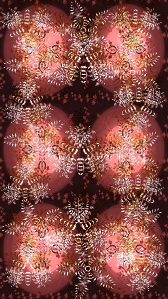 Raster illüstrasyonu. Kahverengi, pembe ve nötr kar taneleri. Kar tanelerinin soyut arkaplanlı Noel şablonu. Noel ve Yeni Yıl moda baskıları için tatil tasarımı.