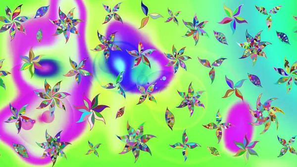 Çok yeşil zarif küçük çiçekler ve yeşil renkli komik böcekler, raster desen, illüstrasyon.