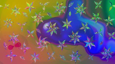 Moda baskıları için zarif bir şablon. Modern çiçek arkaplanı. Parlak renkli çiçekleri ve mavi yaprakları olan harika bir çiçek deseni. Halk stili.