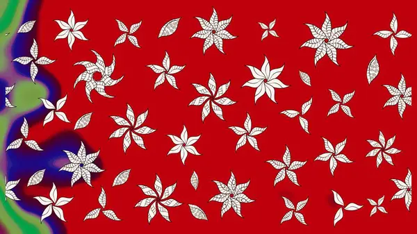 Suluboya elle çizilmiş çiçek desenli eskiz deseni. Parlak renkli fantezi çiçekleri, yapraklar, kırmızı renkli tomurcuklar..