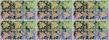 Çiçek kiremitleri. İslam tasarımı. Raster altın tekstil baskısı. Gri renkli ve altın elementli altın desenli. Kusursuz desenli oryantal süs.