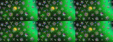 Tekstil tasarımı için yeşil renkli geleneksel halk çiçekleri buketi. Üzerinde gelincikler ve vadi zambakları olan renkli çiçek desenli nakış..