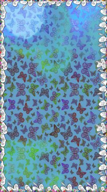 Kart, baskı ve davetiye için basit şirin bir desen. Giysi tasarımı için mavi arka planda geleneksel Raster halk çiçekleri dekoru. Nakış trendi. Egzotik kelebeklerle süslenmiş çiçeksiz desen..