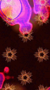 Raster illüstrasyonu. Siyah, kahverengi ve pembe kar taneleri. Kar tanelerinin soyut arkaplanlı Noel şablonu. Noel ve Yeni Yıl moda baskıları için tatil tasarımı.