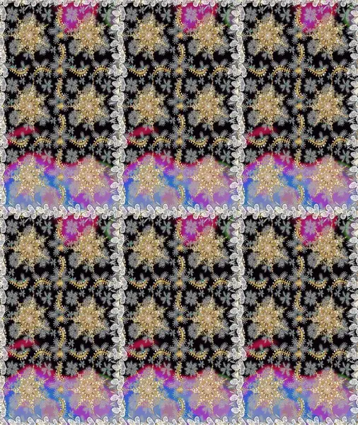 Altın çiçekli eskiz deseni. Barok tarzında altın çiçekli süs. Gri renklerdeki altın element. Damask arkaplanı.