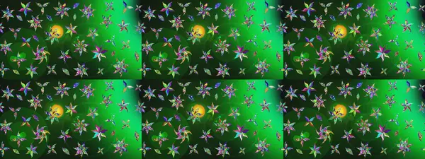 Tekstil tasarımı için yeşil renkli geleneksel halk çiçekleri buketi. Üzerinde gelincikler ve vadi zambakları olan renkli çiçek desenli nakış..