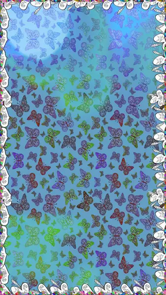 Kart, baskı ve davetiye için basit şirin bir desen. Giysi tasarımı için mavi arka planda geleneksel Raster halk çiçekleri dekoru. Nakış trendi. Egzotik kelebeklerle süslenmiş çiçeksiz desen..