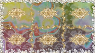 Altın elementlerle nötr renklerde altın desen. Süslü raster dekorasyonu. Barok tarzında duvar kağıdı tasarımı için kusursuz damaske deseni arkaplanı.