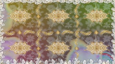 Duvar kâğıdı için altın süslü bir illüstrasyon. Çiçekli süslemeli, pürüzsüz bir desen. Doğu tarzında klasik tasarım öğesi. Tarafsız renkler üzerine geleneksel Arapça dekor. Süslü dantel iz sürücü.