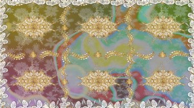 Barok tarzında altın çiçekli süs. Tarafsız renklerde altın element. Damask arkaplanı. Altın çiçekli, pürüzsüz desen.