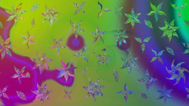 Çok yeşil zarif küçük çiçekler ve yeşil renkli komik böcekler, raster desen, illüstrasyon.