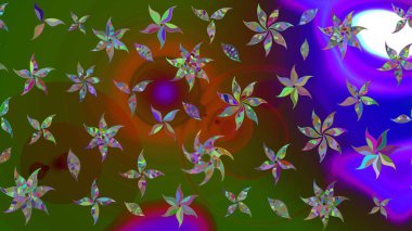 Raster Floral Illustration, Asyalı tekstil. Yeşil renkli etnik çiçeklerle zarif eskiz deseni.