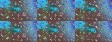 Mavi renkli Asya tekstili. Suluboya çiçekli çiçek deseni. Raster illüstrasyonu.