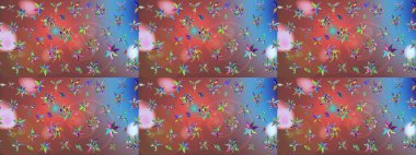 Kumaş, tekstil, duvar kağıdı baskısı için. Eskiz geçmişi. Raster illüstrasyonu. Eski usul. Renkli desenli eskiz deseni, pembe çiçekler ve dekoratif elementler..